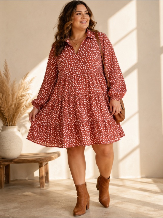 Umgee Dresses & Skirts - Umgee 2XL Rust Terracotta Boho Tiered Babydoll Dress Long Sleeve